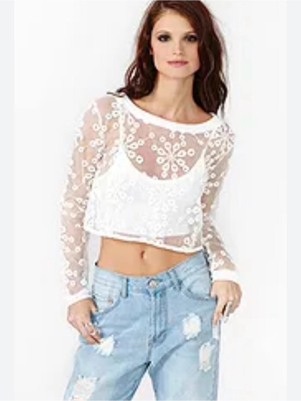 Nasty Gal Sheer White Floral Embroidered Cropped Top | medium